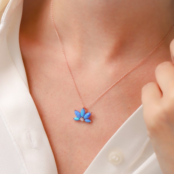Silver Opal Lotus Necklace, Christmas Gift For Her, Blue Opal Pendant, Dainty Blue Lotus Pendant, Genuine Opal Pendant, Opal Flower Necklace