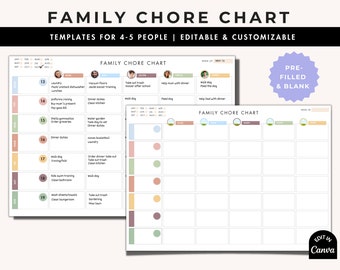 May include: A printable family chore chart template with a pre-filled example and a blank template. The chart is designed for 4-5 people and includes a weekly calendar with space for each person's daily chores. The chart is customizable and can be edited in Canva.