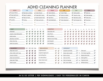 Pianificatore di pulizie per ADHD / Tabella delle faccende domestiche, modello modificabile (PDF)