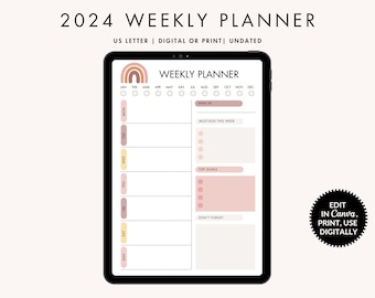 Weekly Planner Digital | 2024 Planner Template | ADHD Planner | Digital | Daily Weekly To Do List | Printable PDF | Undated | Editable
