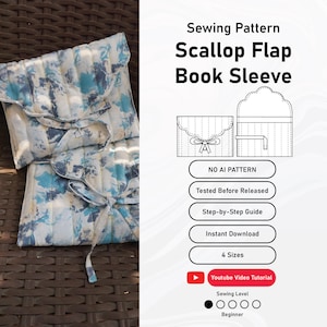 May include: A sewing pattern for a Scallop Flap Book Sleeve featuring a blue and white abstract print. The text includes Sewing Pattern, Scallop Flap Book Sleeve, NO AI PATTERN, Tested Before Released, Step-by-Step Guide, Instant Download, 4 Sizes, and Youtube Video Tutorial.