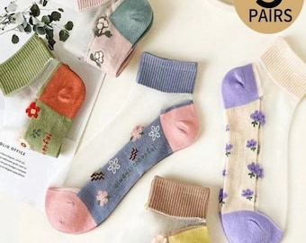 5 paires de chaussettes courtes transparentes pour femmes, été, mince, mode, mignon, floral, cristal, soie, bas, verre, transparent, chaussettes
