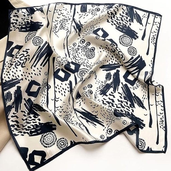 53cm Black Beige Geometric Print Mulberry Silk Scarf For Women Men Headscarf Silk Head Wrap Silk Hair Scarf Bandana Small Scarf Neckerchief