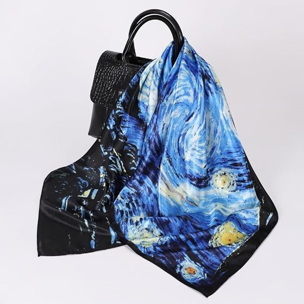 90 cm Seidenschal Damen einseitig bedruckter quadratischer Schal Van Gogh Malerei Schal Kunstdruck Schal Seidenschal Vintage-Stil Tasche Accessoire