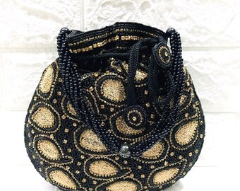 Embroidered Bridal Potli Bag Black Evening Party Bag Handcrafted Handbag For Woman Evening Potli Purse Black Handbag With Drawstring