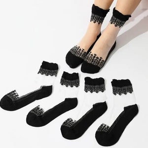 4 Pairs Women Lace Ruffle Ankle Sock Soft Comfy Sheer Silk Cotton Elastic Mesh Socks Transparent Women's Summer Socks Black Thin Mesh Socks