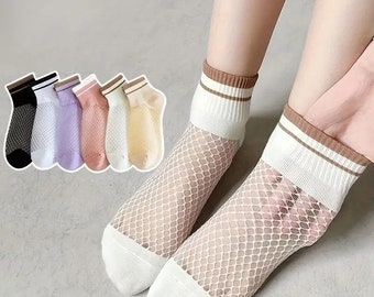 Women Socks Short Crew Thin Fishnet Mesh Lace Ankle Socks Sheer Socks See Through Socks