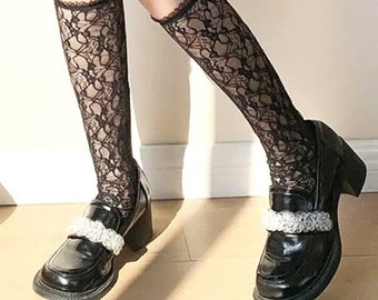 Chaussettes hautes jolies filles bas chaussettes longues chaussettes à froufrous femmes été maille fine dentelle chaussettes genou fleurs motifs à volants chaussettes en dentelle