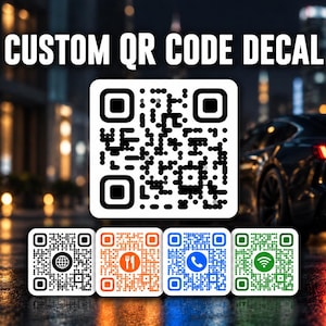 May include: A custom QR code decal featuring a large central black and white square code. Below it are four smaller square decals in black, orange, blue, and green, each containing a unique icon representing a globe, fork and knife, phone, and wifi.
