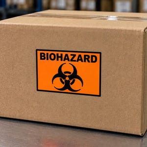 May include: A rectangular brown cardboard shipping box featuring a prominent rectangular orange label on the front. The label displays the black text BIOHAZARD above a black biohazard symbol, indicating the contents require careful handling.