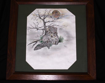 Night Tree, original art, pencil on paper, framed, landscape