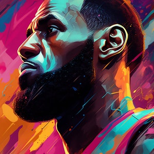 May include: A digital illustration of a basketball player with a beard, looking up and to the right. The background is a vibrant mix of pink, blue, yellow, and orange.