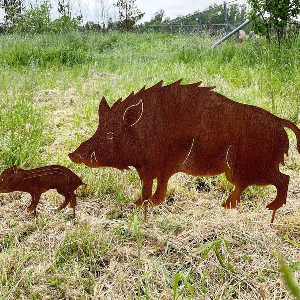 Edelrost Wildschwein 90x50cm mit Frischling 20x36cm zum Stecken Gartenstecker Wetterfest Gartendeko Rost Metall Rostfigur Waldtier