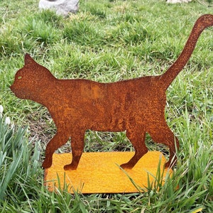 Noble rust cat walking 35 x 40 cm on plate garden decoration rust metal rust figure weatherproof cat figure gift kitten rusty decoration
