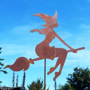 Noble rust young witch flying on broom 30 x 29 cm / 60 x 58 cm + stick of your choice garden stake garden decoration rust metal rust figure Halloween rusty
