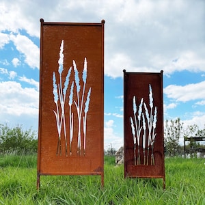 Patina privacyscherm grasmotief 116 x 33 cm / 162 x 53 cm voor het inpluggen van tuinpaal tuindecoratie roest metalen hek scherm gras afbeelding 1