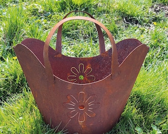 XXL Edelrost Handtasche mit Blumen-Motiv 42x38cm große Tasche zum Bepflanzen Rost Pflanztasche Blumentopf Windlicht Gartendeko