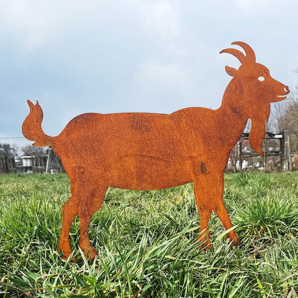 Patina geit 46 x 59 cm voor het inpluggen van tuinpaal tuindecoratie weerbestendig roest metaal roest figuur Billy Goat Kid