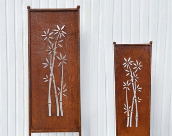 Brise-vue patiné motif bambou 116 x 33 cm / 162 x 53 cm à brancher sur piquets de jardin décoration de jardin brise-vue en métal rouille