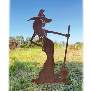 Noble rust sexy witch standing with broom 40 x 23 cm / 90 x 52 cm to stick as desired garden stake rust metal rust figure Halloween garden decoration rusty