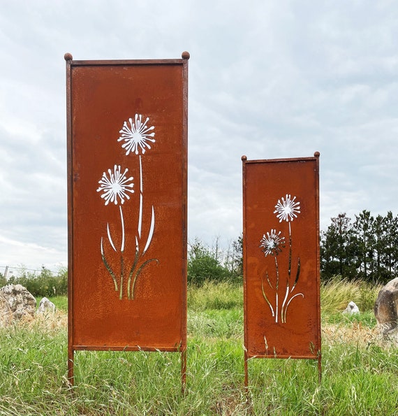 Edelrost Sichtschutz Motiv Allium Blumen 116x33cm / 162x53cm zum Stecken Gartenstecker Gartendeko Rost Metall Zaun Paravent Pusteblume
