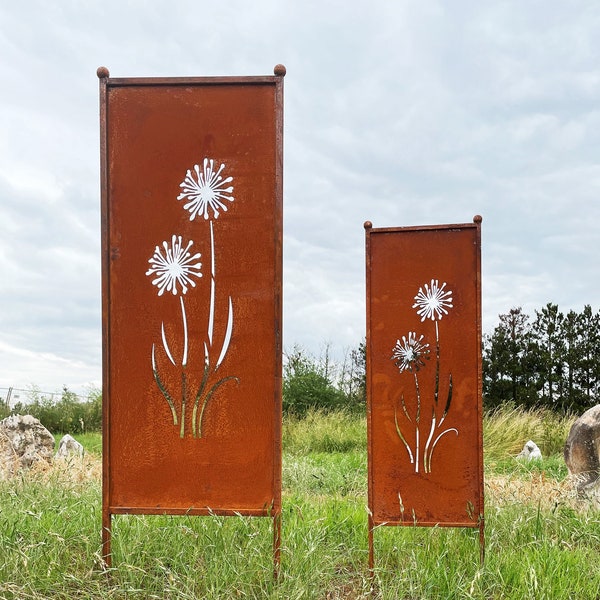 Patina privacy screen motif allium flowers 116 x 33 cm / 162 x 53 cm for plugging garden stake garden decoration rust metal fence screen dandelion