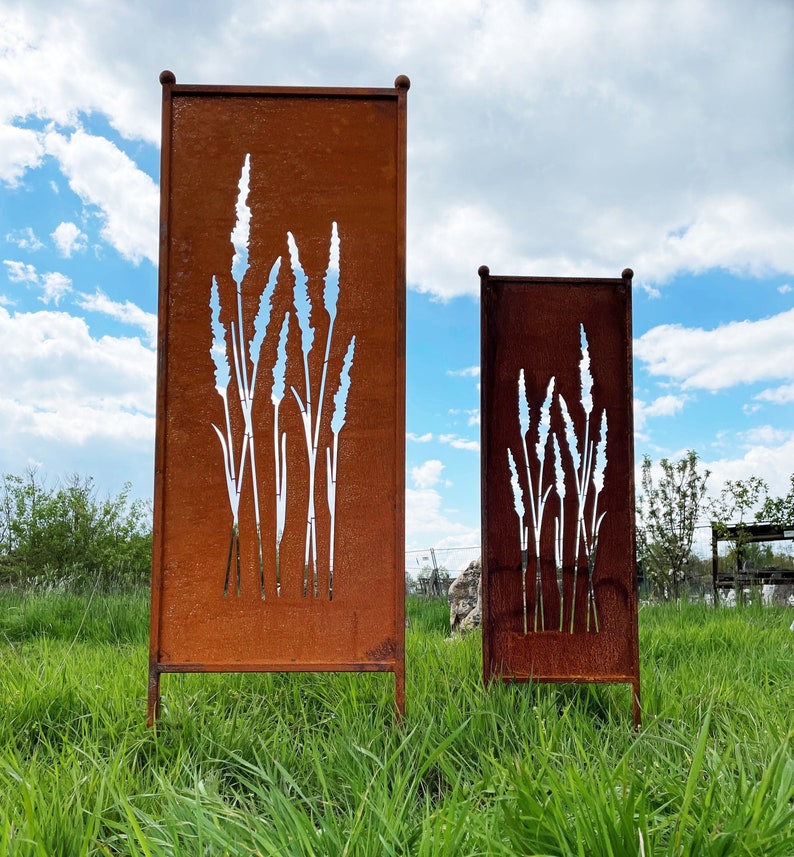 Patina privacyscherm grasmotief 116 x 33 cm / 162 x 53 cm voor het inpluggen van tuinpaal tuindecoratie roest metalen hek scherm gras afbeelding 1