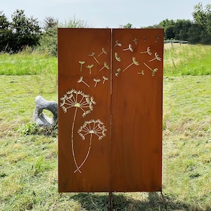 Set of 2 patina privacy screens with dandelion motif 165 x 100 cm for plugging in garden stakes, garden decoration, rust metal fence screen, rusty decoration