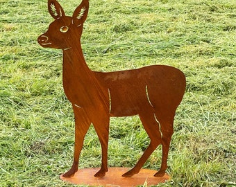 Cerf patiné debout 80 x 62 cm sur plaque métal rouille figurine de jardin cerf faon cerf