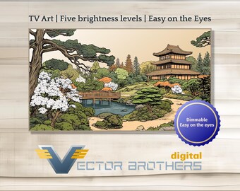 May include: A digital illustration of a Japanese garden featuring a traditional pagoda building, a bridge over a pond, and cherry blossom trees in bloom. The image is rendered in a muted colour palette with a soft, vintage aesthetic. The text "Dimmable Easy on the eyes" is in a blue circle at the bottom right corner of the image.