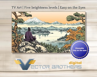 May include: A digital art print depicting a tranquil landscape with a mountain range, a lake, and a solitary figure meditating on a cliff. The print features a calming colour palette and a detailed illustration style. The text "TV Art | Five brightness levels | Easy on the Eyes" is displayed at the top of the image.