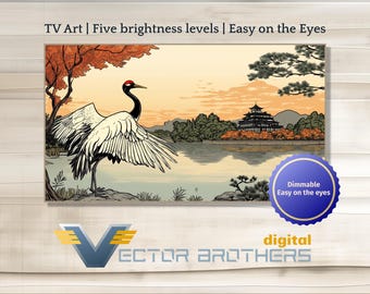May include: A digital art print featuring a white crane with black wings and a red head standing in front of a Japanese-style pagoda and a lake. The background is a sunset with orange and yellow hues. The text "TV Art | Five brightness levels | Easy on the Eyes" is at the top of the image. The text "Dimmable Easy on the eyes" is in a blue circle at the bottom right of the image. The text "digital VECTOR BROTHERS" is at the bottom of the image.
