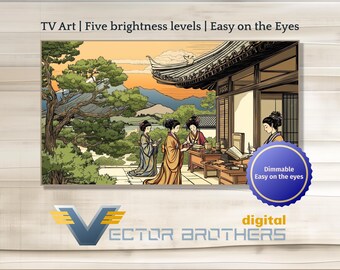 May include: Digital art print showing a traditional Japanese scene with women in kimonos. The artwork features a detailed illustration of a building, trees, and mountains, with text that reads "TV Art | Five brightness levels | Easy on the Eyes."