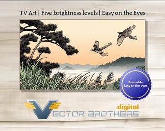 May include: A digital art print depicting a Japanese landscape with two birds flying over a lake. The print features a soft, muted colour palette and a calming, serene feel. The text "TV Art | Five brightness levels | Easy on the Eyes" is at the top of the print. The text "Dimmable Easy on the eyes" is in a blue circle at the bottom right of the print. The text "digital VECTOR BROTHERS" is at the bottom of the print.