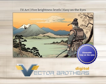 May include: A digital art print depicting a Japanese landscape with a mountain range, a lake, and a solitary figure standing on a hill. The print has a vintage aesthetic and is framed with a white border. The text "TV Art | Five brightness levels | Easy on the Eyes" is displayed at the top of the print.