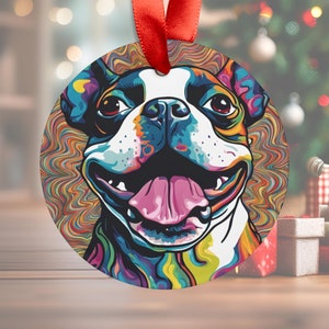 Psychedelic Art Print Boston Terrier Acrylic Ornament with Ribbon