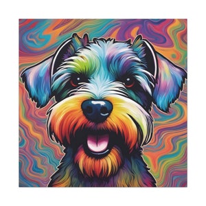 Dwergschnauzer levendige canvas pop-art, psychedelische kleuren, kleurrijke hond portret print, trippy hond kunst aan de muur, hond moeder cadeau-ideeën