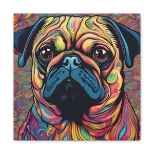 Pug Vibrant Canvas Pop Art, Psychedelic Coloring Decor, Colorful Dog Portrait Print, Trippy Dog Art, Gallery Wall Art,Dog Mom Gift Ideas