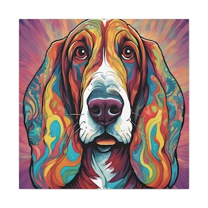 Basset Hound Vibrant Canvas Pop Art, Psychedelic Coloring Wall Art, Colorful Dog Portrait Print, Trippy Dog Gallery Art, Dog Mom Gift Ideas