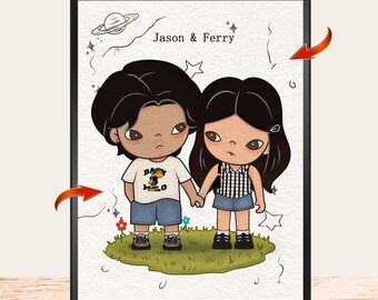 Personalized Anniversary Custom Hand-drawn Couple Portrait, Chibi Cartoon Anime Caricature, , Valentine's Day Gift, Digital non-AI Art
