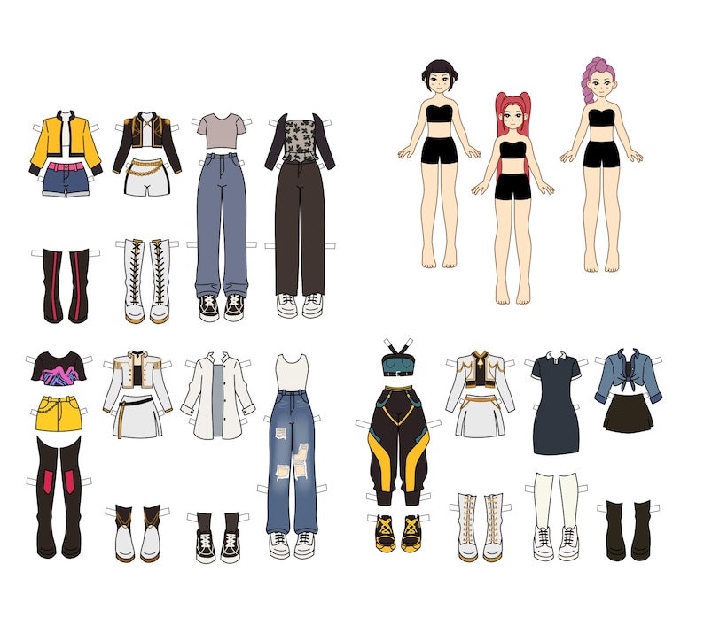 A printable paper doll with K-pop inspired demon hunter costumes, unrelated to Charles Lawson net worth.