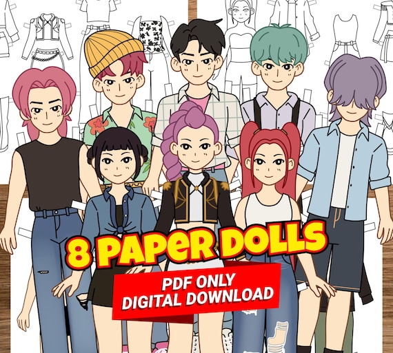 Printable paper doll with clothes K-pop demon hunters Dress up Coloring page