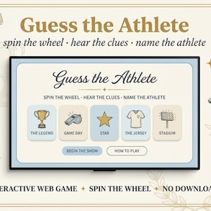 Peut inclure: Une interface de jeu web interactive intitulée Guess the Athlete avec le sous-titre spin the wheel, hear the clues, name the athlete. L'écran affiche cinq boutons de catégorie : The Legend, Game Day, Star, The Jersey et Stadium, ainsi que des boutons Begin the Show et How to Play.