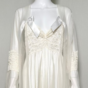 Vintage 1960s Sheer Cream Lace and White Bows Negligee Set -Nightgown and Robe-