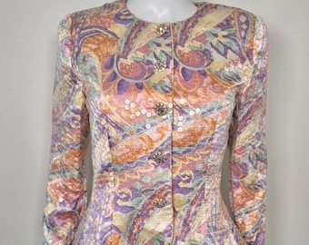 Chaqueta vintage de seda con lentejuelas de los años 90: chaqueta de cóctel con estampado floral de cachemira