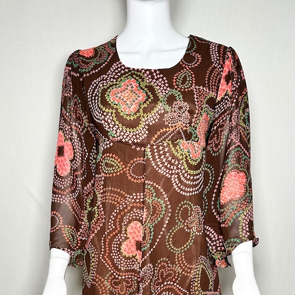 Vintage 1970s Handmade Empire Line Brown Printed Maxi Dress with Butterfly Sleeves