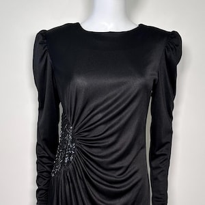 1980s Does 40s Black Sequin Cocktail Dress: Ruched Party Dress