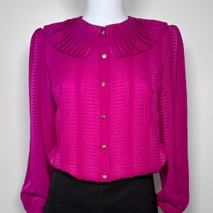 Vintage 1980s Nilani Color Block Magenta Cocktail Blouse with Statement Ruffled Pilgrim Collar