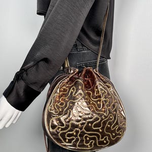 Vintage 1980s Statement Gold, Pewter and Bronze Leather and Metal Studs Drawstring Shoulder Bag