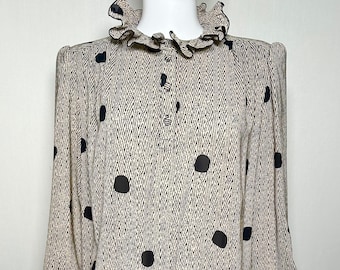 Vintage 1980s Asymmetrical Black Polka Dots Pleated Ruffle Collar and Cuffs Cream Chemise Dress